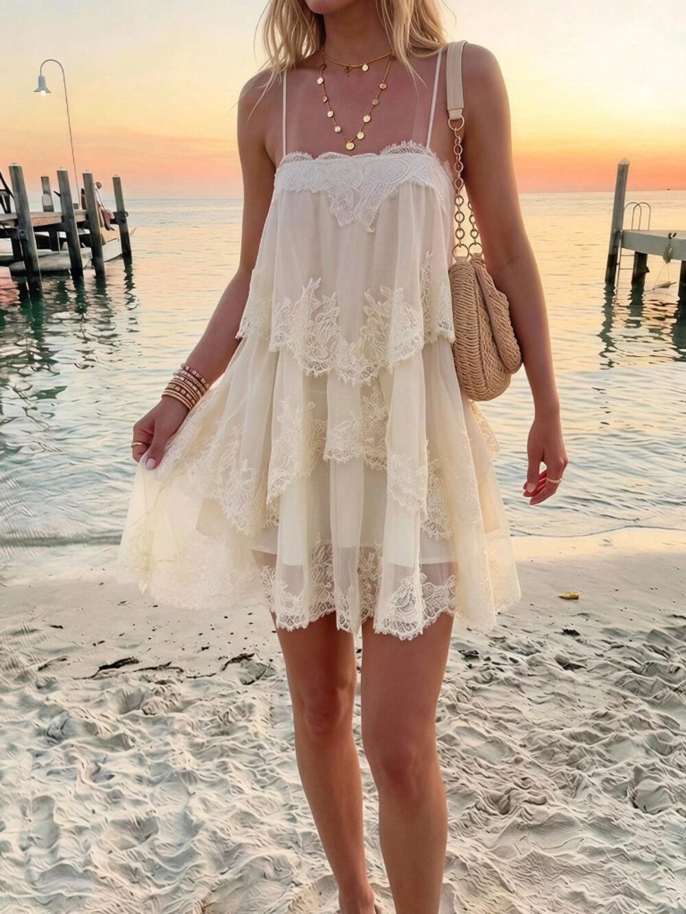 Beige Casual Women's Woven Ruffle Hem Short Dress